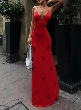 Women's Retro Red Long Knitted Strap Dress女红色长吊带连衣裙