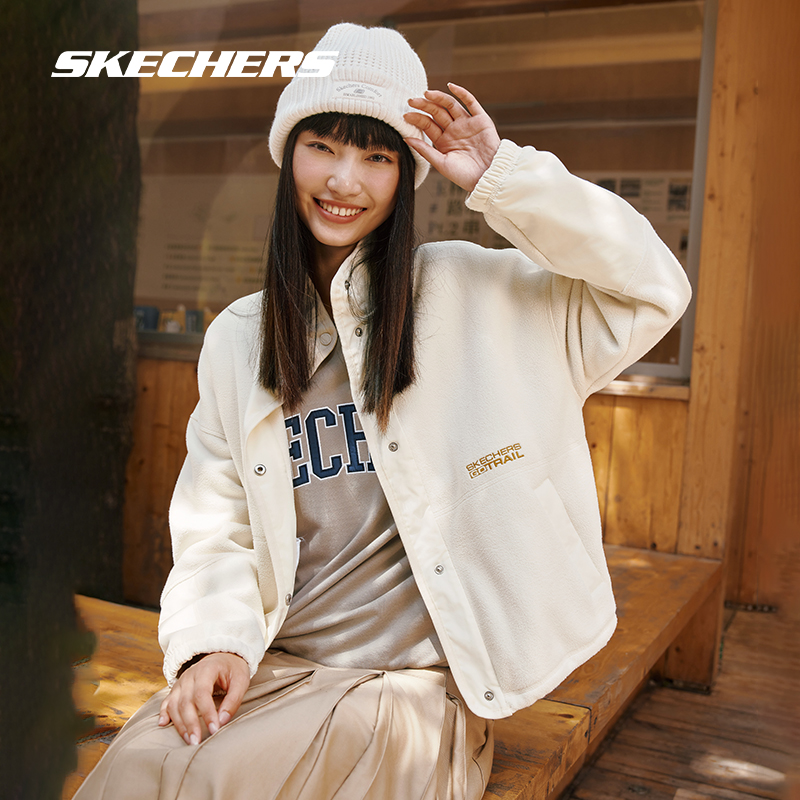 Skechers斯凯奇2024年冬季款女款针织加绒舒适保温拼接摇粒绒外套