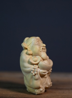 黄杨木雕刻财神摆件文玩手把件财神爷桌面摆件室内家居装饰工艺品