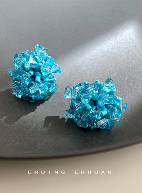 英系chrry koop甜美清新蓝色绣球花手工设计师款玻璃水晶银针
