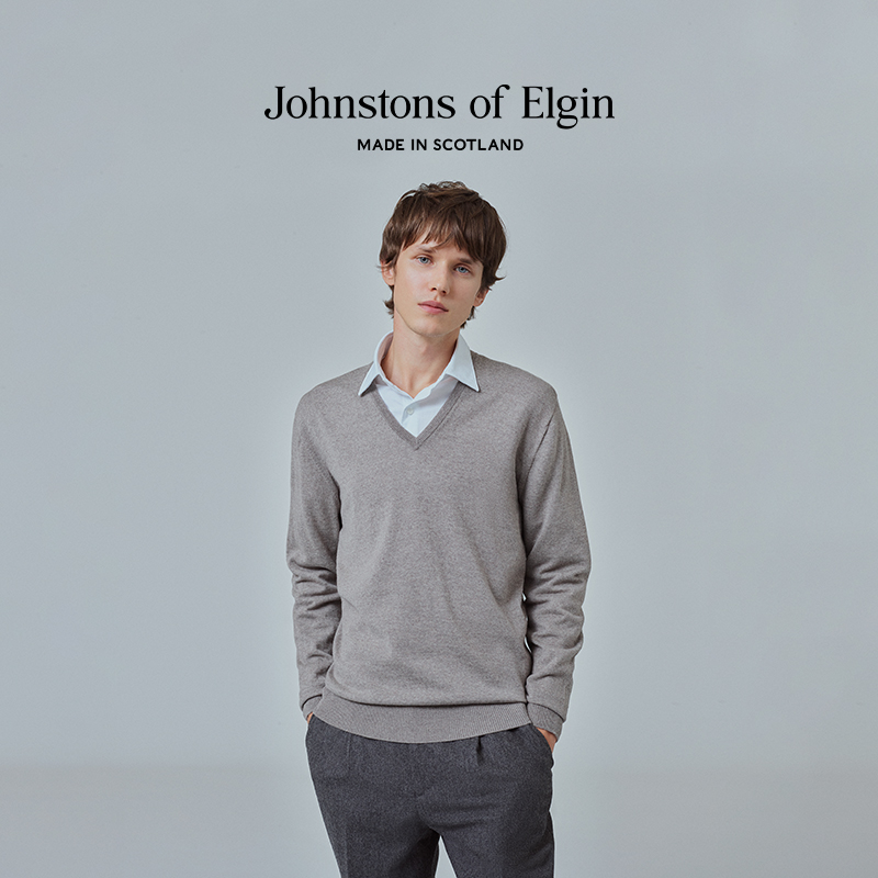 【年中6折】Johnstons of Elgin经典V领套头羊毛衫男秋针织衫 - 图0