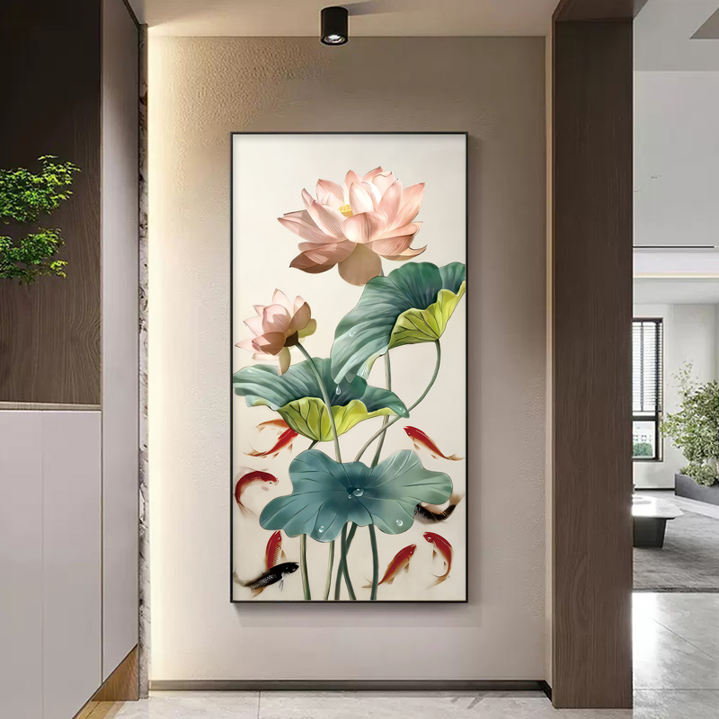 年年有余装饰画寓意好入户玄关挂画铝合金新中式书房茶室荷花壁画