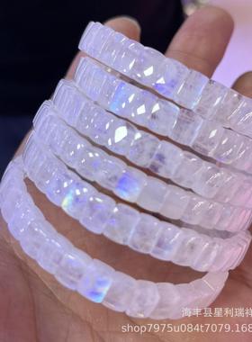 2025天然月光石手串光面方形手排蓝彩光晶体单圈手链蓝月光手牌