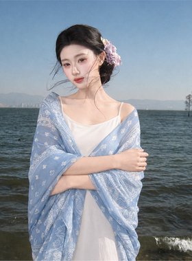 蓝色腰果花薄纱披肩防晒丝巾