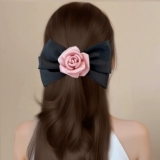 Розовый душ!Заколка для волос в корейском стиле с бантиком, элегантная атласная заколка для волос в форме розы, повседневная заколка для волос и кольцо.