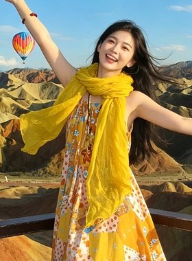 丹霞旅行元气黄薄纱围巾氛围围脖