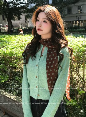 韩系棕色绿波点系脖丝巾系脖领巾