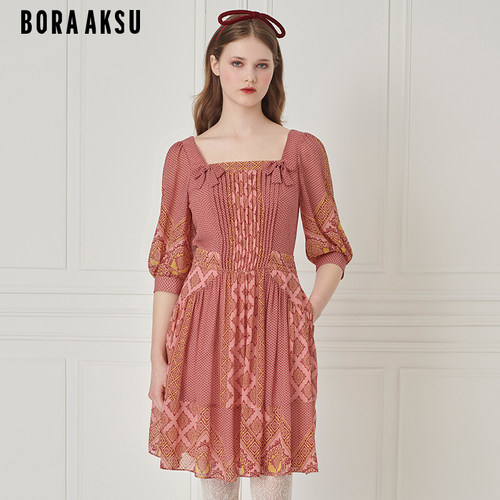BORAAKSU早秋新款泡泡袖莫奈花园油画感印花连衣裙B1EFW61970 - 图0
