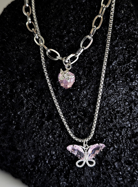 钛钢蛇骨蝴蝶草莓项链双层叠加