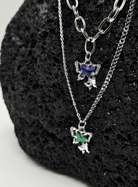 蓝绿蝴蝶双层叠加钛钢锁骨链