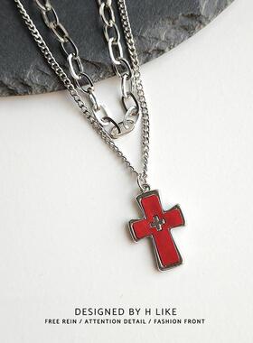 红十字架钛钢蛇骨链男女项链吊坠