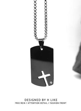 黑银十字架吊坠钛钢项链双层叠加