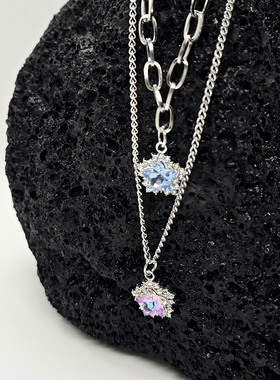 水钻蓝紫雪花银色双层锁骨链个性