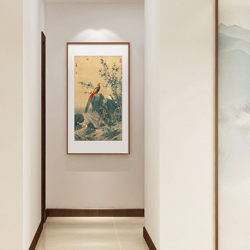 郎世宁锦春图新中式玄关装饰画过道走廊墙壁画书房茶室入户门挂画 - 图1