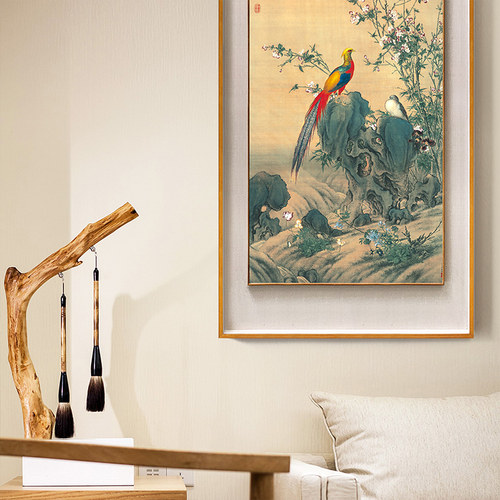 郎世宁锦春图新中式玄关装饰画过道走廊墙壁画书房茶室入户门挂画 - 图2