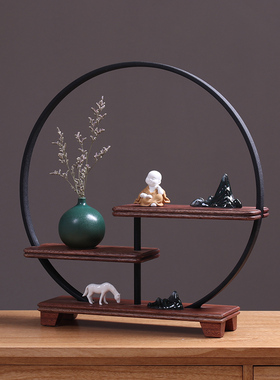 禅意实木置物架摆件创q意桌面饰品茶几铁艺方格子中式博古架工艺