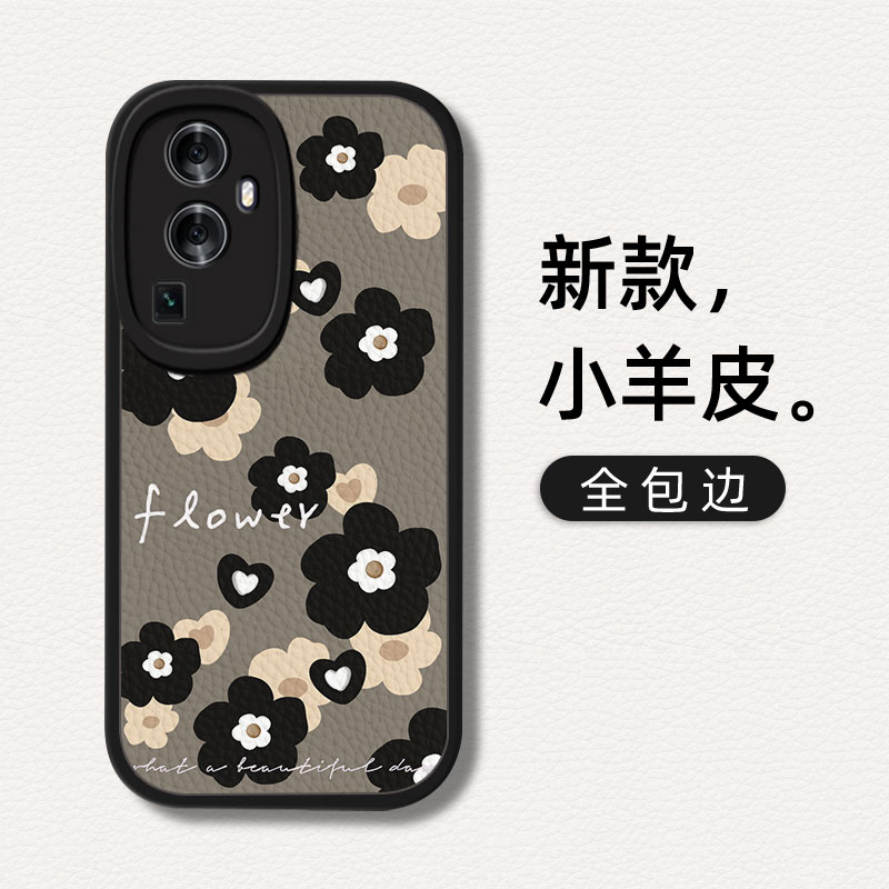 黑底白花适用opporeno10手机壳oppereno9女opporen8opro曲屏ooporeno5新款0pporeno7防摔opporone6十poop套5g - 图2