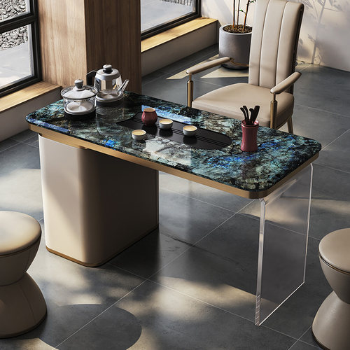 诚骏轻奢风大理石茶桌家用小茶台一体烧水壶亚克力阳台茶桌椅组合 - 图0