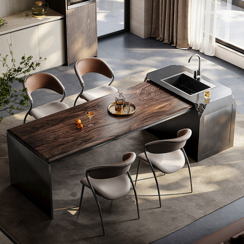 诚骏胡桃木岛台餐桌一体带水槽现代轻奢高级感设计师意式陨石导台 - 图0