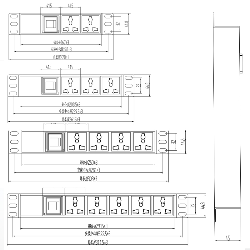复龙机柜PDU铝合金10A16A工业轨道工作台测试架2、3、4、5位接线板外销大功率工程排插排拖线板-图3