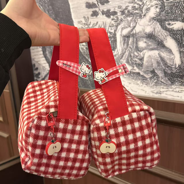 New Four Seasons Plaid Large Capacity Red Portable Storage Bag