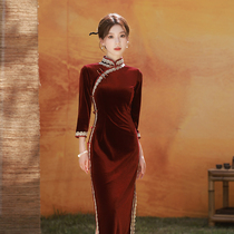 Red Velvet Autumn Winter Qipao Woman Retro Engagement Wedding Everyday Dress New Chinese Improvement 2023 New