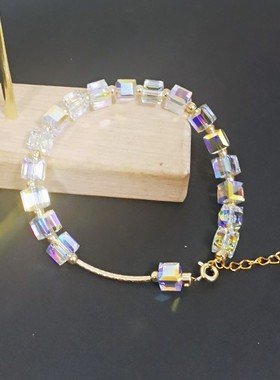 水晶手链 14K注金手串手镯6mm方晶韩版首饰品送女友生日礼物