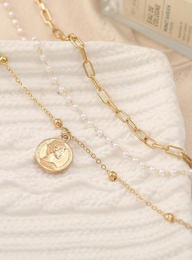 golden Coin Pearl Necklace women金色多层叠戴钱币珍珠项链