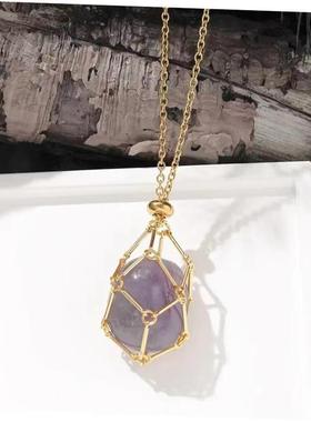 Interchangeable crystal stone woven metal net bag necklace