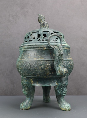 青铜器古摆件卧狮博山炉博物馆定制香炉纯铜家居装饰品古玩收藏