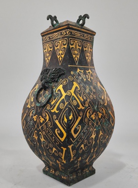 铜祥德青铜器古摆件汉代错银铜钫衔环铺首方形壶古董博物馆定制