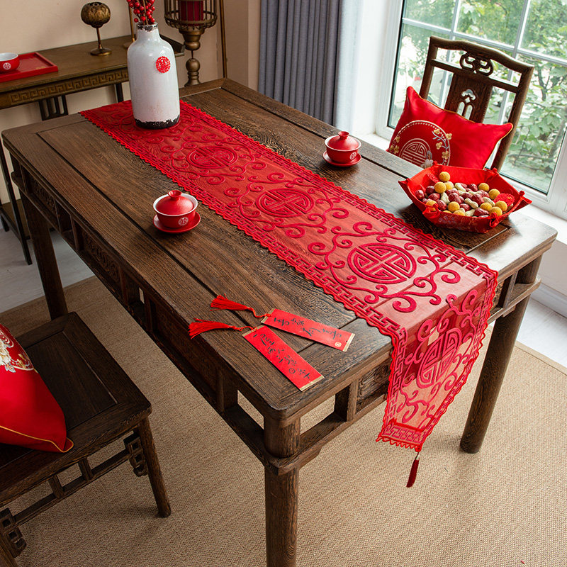 新中式婚礼桌旗乔迁绒布刺绣蕾丝茶几布婚礼订婚喜庆结婚长条桌布,淘宝优惠券,粉丝福利购,淘宝优惠卷