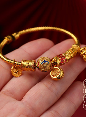 古法沙金开口手镯可穿珠送女友