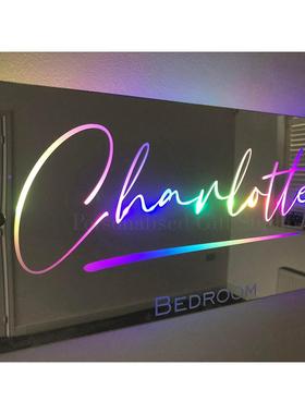 自建站热销LED发光名字镜子 个性化家庭名字发光镜子床头摆件