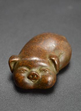 纯铜古玩铜实心袖珍黄铜猪摆件镇纸茶宠压纸压书仿古铜器工艺品