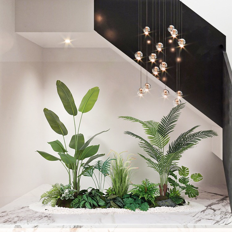室内仿真绿植造景大型景观植物装饰商场酒店楼梯下假树落地摆件