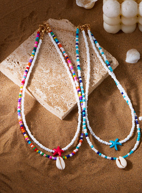 Hawaiian vacation beach shell double layer necklace collarbo