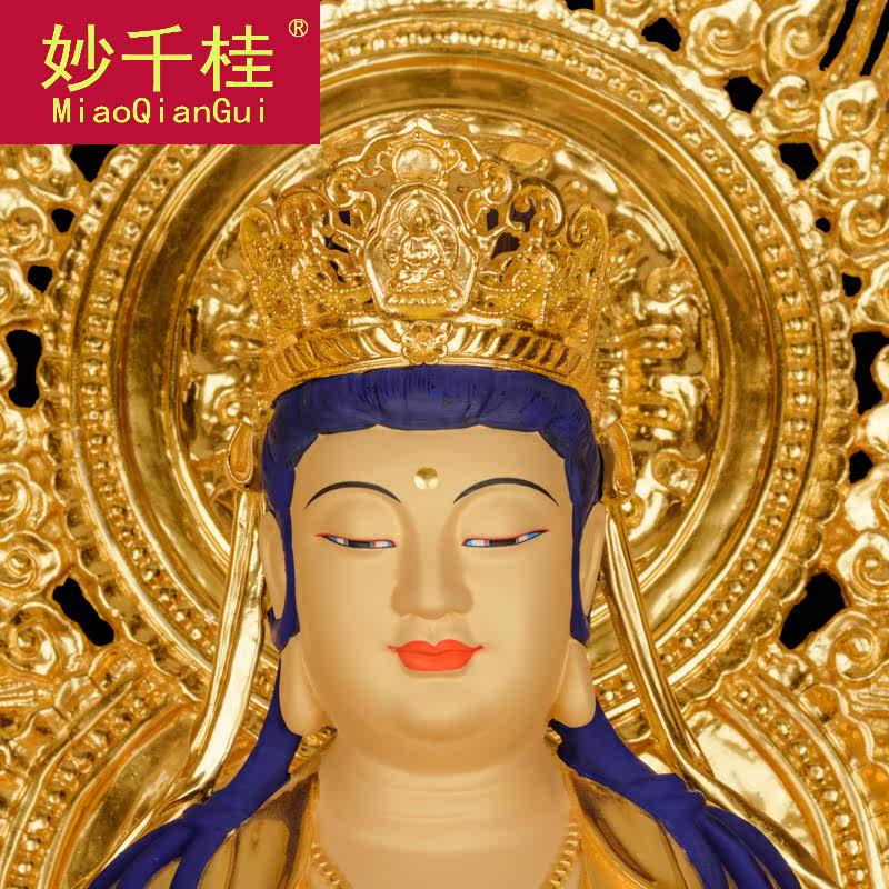妙千桂纯铜鎏金观音站西方三圣神像 妙千桂摆件