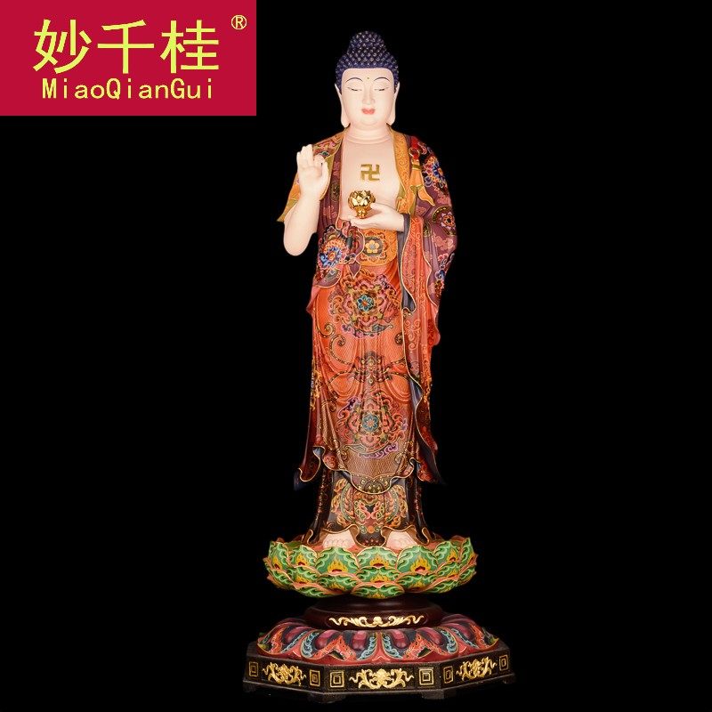 妙千桂西方三圣纯铜贴金彩绘摆佛像 妙千桂摆件