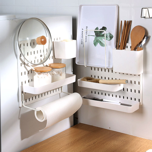 宜家洞洞板配件通用挂钩免打孔适挂篮夹子大搁板收纳盒置物架钉板 - 图0