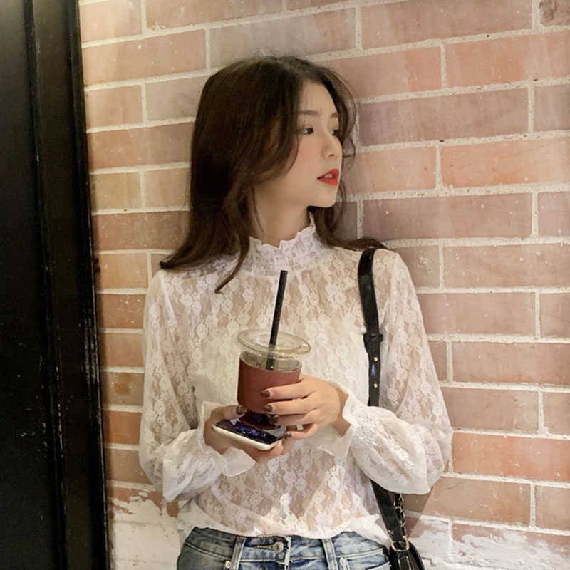 蕾丝高领网纱透明性感气质修身内搭 简朴色蕾丝衫/雪纺衫