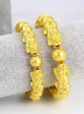 越南沙金黄金六字真言金招财貔貅手链转运珠民族风霸气男士手串