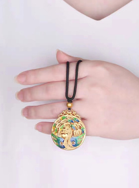 越南沙金古法珐琅凤舞九天吊坠黄铜镀金花丝镂空挂坠福字孔雀项链