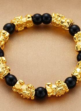 黑红玛瑙情侣貔貅手串 六字真言沙金手串 镀金手饰串珠男女