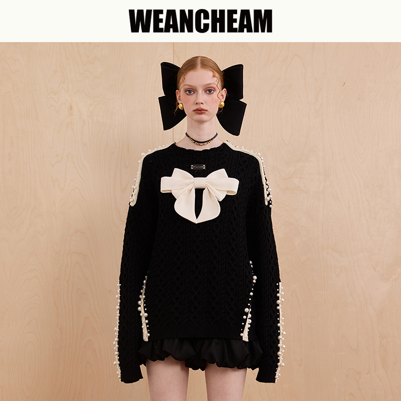 【双11全球狂欢】WEancheAM/未未姆  FW24秋冬新品蝴蝶结钉珠毛衣 - 图1