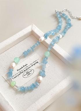 2026轻奢小众高级感海蓝宝仿天然淡水珍珠串珠项链女夏新款锁骨链