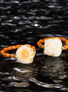 2026晶东珠宝 橄榄核竹节星月菩提圆珠戒指炭烧小猫爪新中式指环