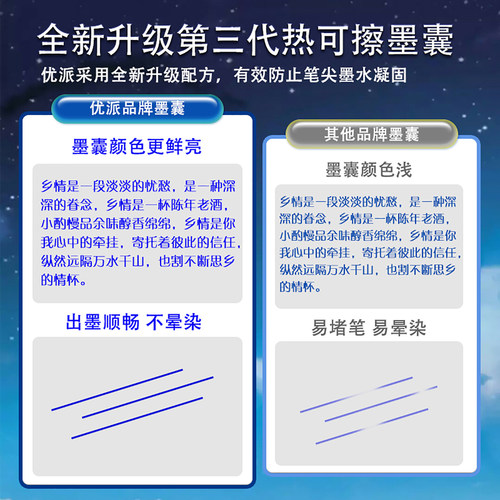 优派可擦钢笔三年级小学生专用热摩易擦敏墨囊通用可替换3.4mm口径晶蓝黑色墨胆儿童初学者正姿练字学习用品 - 图3