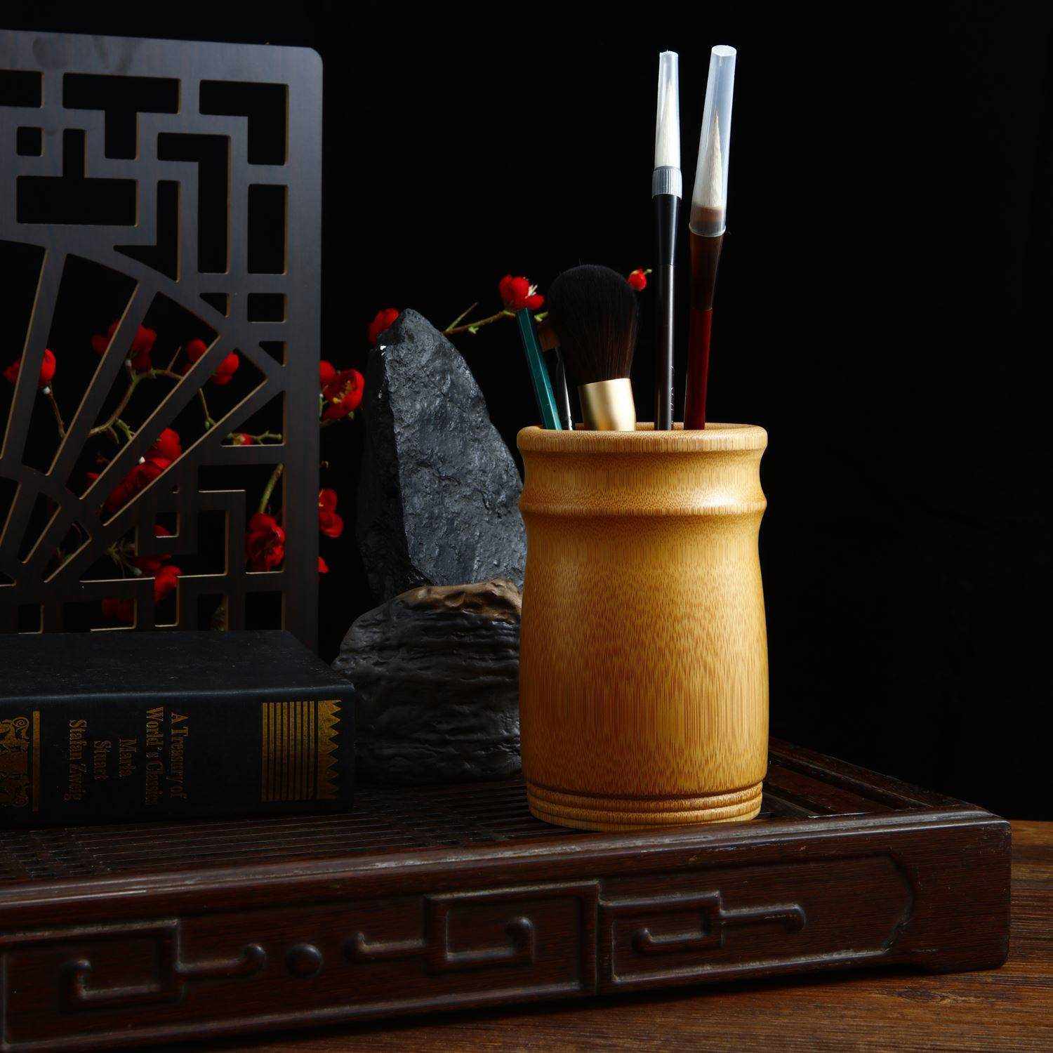 笔筒摆件艺术创意复古办公商务用竹制送礼纪念风圆形毛笔桶