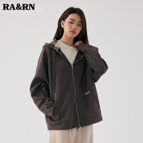 RARN热爱如你格纹拼接连帽卫衣女2025秋装设计感双拉链休闲外套 - 图1